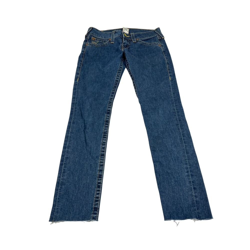 True Religion Womens Low Rise Straight Leg Jeans Yellow Stitch Blue Denim 26